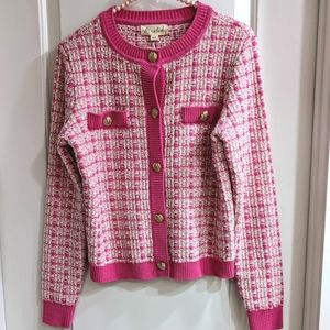Marled cardigan in pink and white with gold buttons